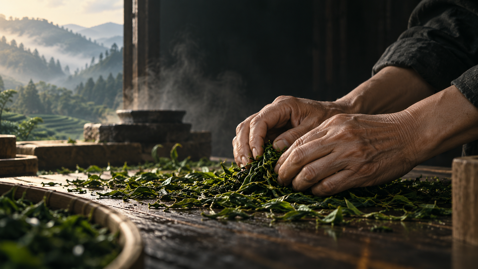 Gros plan sur des mains qui roulent les feuilles de thé sur une table en bois