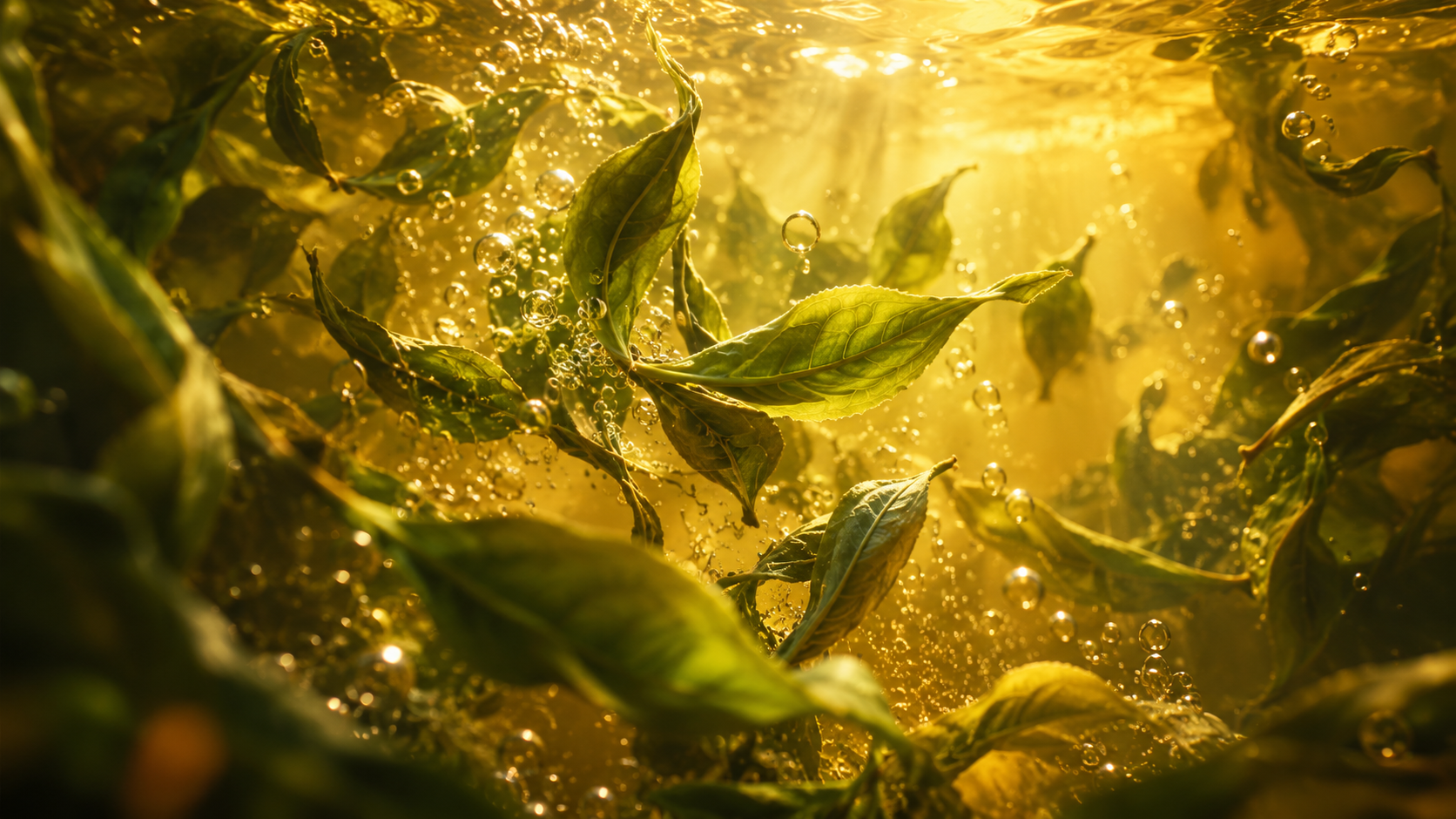 Des feuilles s’ouvrent dans une eau ambrée, au milieu de fines bulles